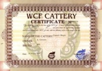 Сертификат WCF (WCF cattery certificate) питомника Classic Magic.